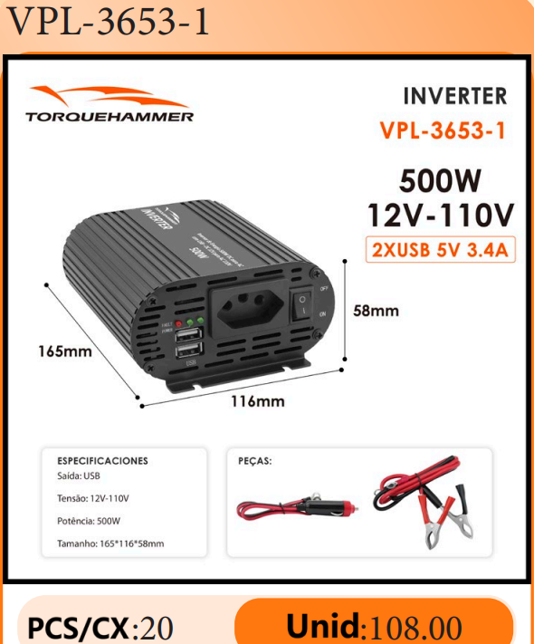 TORQUEHAMMER VPL-3653-1 500W 车载电源逆变器 12V 转 110V 纯正弦波 双 USB 快充 3.4A 大功率输出 兼容笔记本/无人机/投影仪/车载冰箱 自驾露营/移动办公/应急供电全能搭档