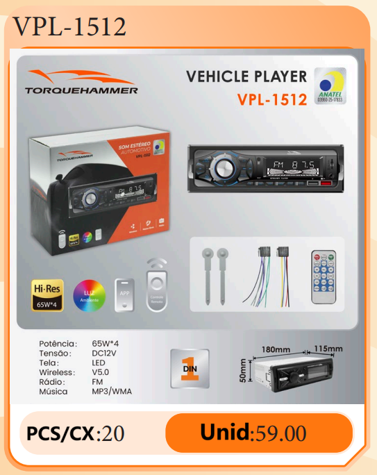 VPL-1512 车载立体声音响播放器 | 65W×4 高功率输出，蓝牙 5.0 免提通话，FM 收音，USB/AUX/TF 多音源输入，LED 显示屏