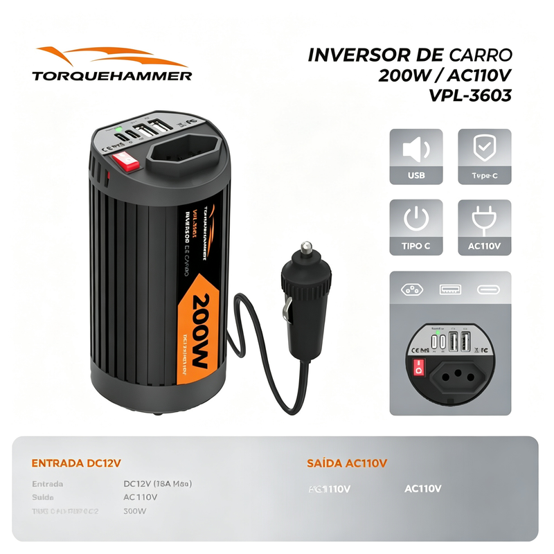 200W 车载逆变器 12V 转 AC220V 点烟器直插电源转换器 多口 USB-A/Type-C 25W 快充汽车逆变电源 VPL-3604