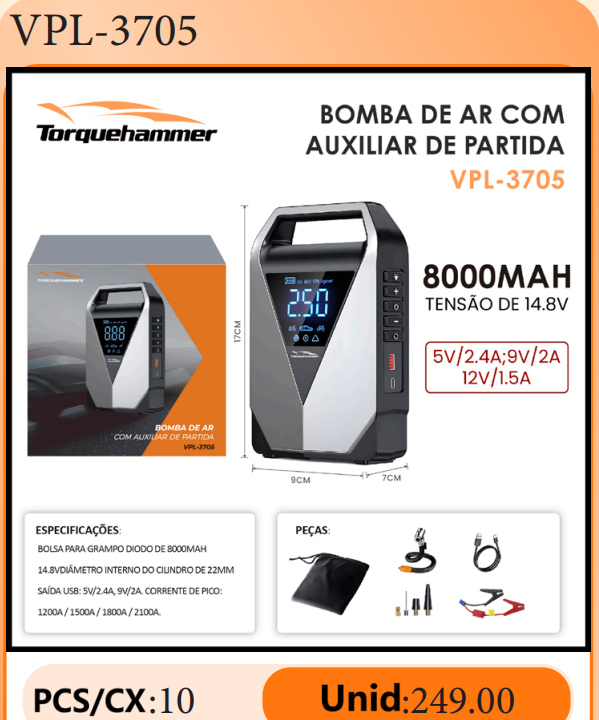 TORQUEHAMMER VPL-3705 8000mAh 无线汽车应急启动电源 12V 启动/无线充气泵二合一 3500A 峰值电流 支持 8.0L 柴油车 150PSI 高压充气 600 流明 LED 照明 10 重安全保护 四季全能应急工具