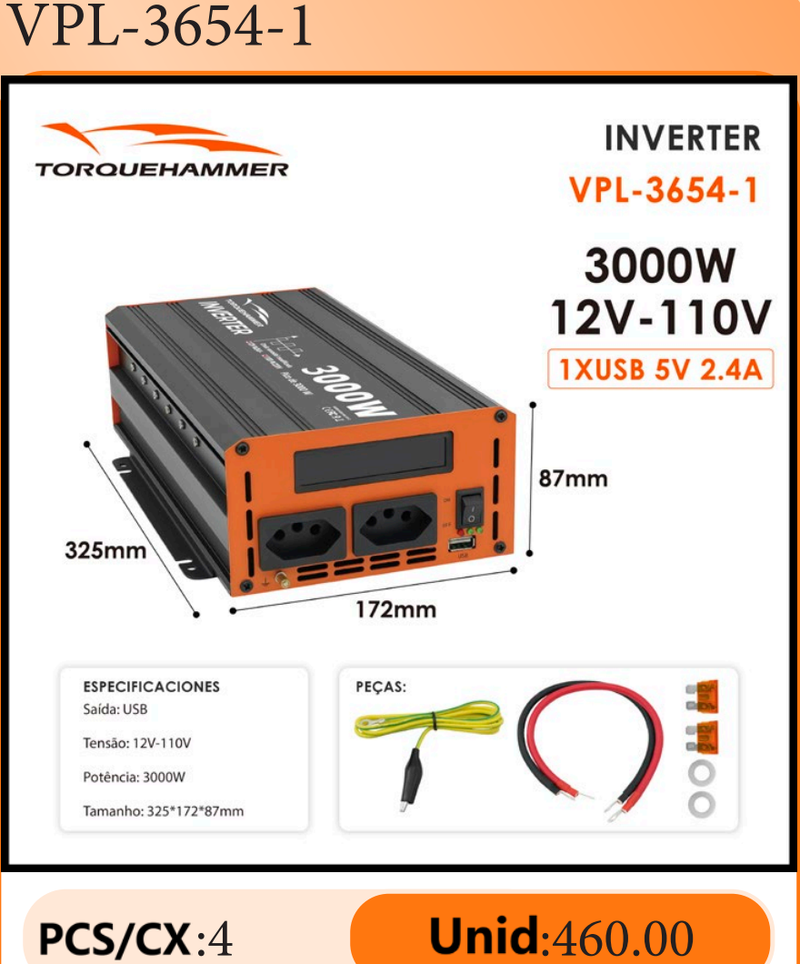 TORQUEHAMMER VPL-3654-1 3000W 大功率车载电源逆变器 12V 转 110V 修正正弦波 双 AC 插座 + USB 充电 峰值 3000W 连续 1500W 家用电器/露营/房车/户外作业多场景适用
