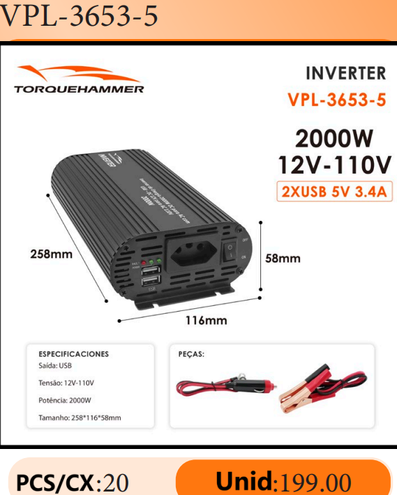 TORQUEHAMMER VPL-3653-5 2000W 超大功率车载电源逆变器 12V 转 110V 纯正弦波 双 USB 快充 3.4A 房车/露营/离网生活/户外作业全能供电站 咖啡机/冰箱/洗衣机/搅拌机/电钻一机搞定