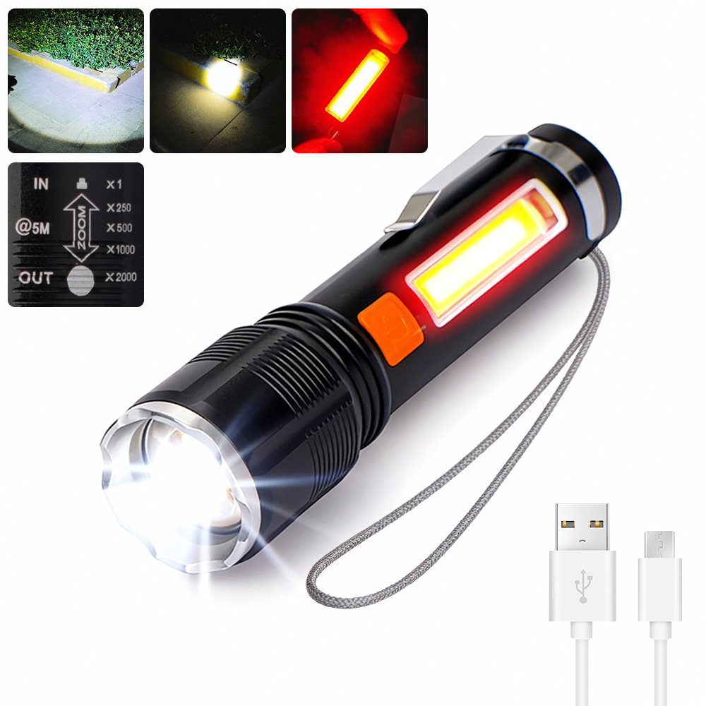 LELONG 伸缩变焦双光源迷你强光手电 侧边 COB 泛光 USB 充电便携防水小手电筒