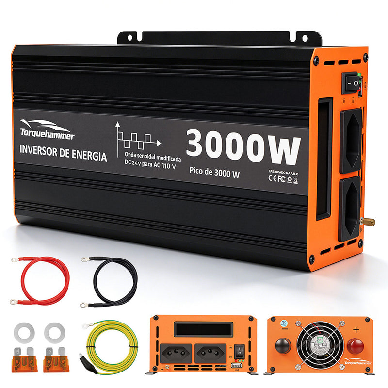 TORQUEHAMMER VPL-3654-3 3000W 大功率车载电源逆变器 24V 转 110V 修正正弦波 双 AC 插座 + USB 充电 峰值 3000W 连续 1500W 卡车/工程机械/房车/家用电器多场景适用