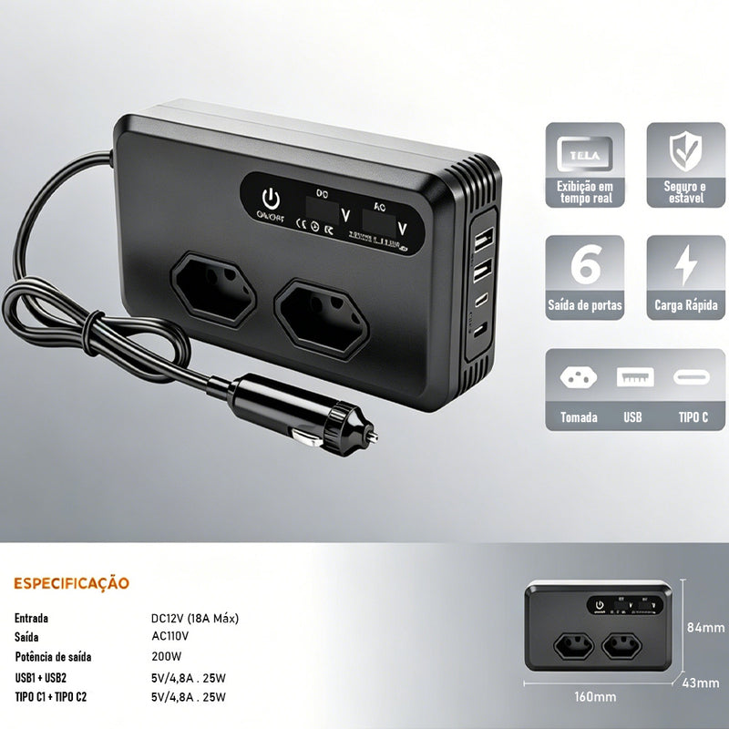 TORQUEHAMMER VPL-3601 200W 车载逆变器 12V 转 110V 纯正弦波 双 USB + 双 Type-C 快充 实时屏显 11 重安全保护 小巧便携 笔记本/CPAP/无人机/相机/露营供电全能搭档