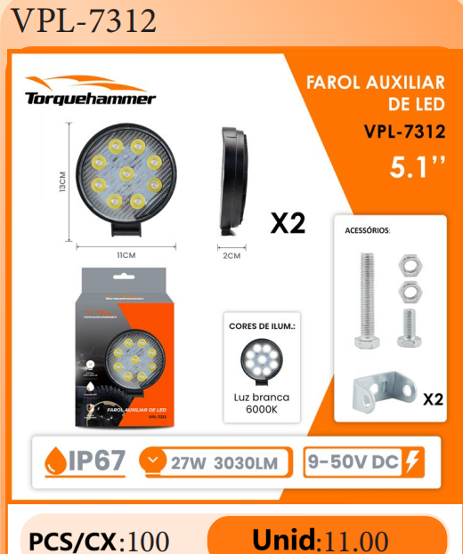 TORQUEHAMMER VPL-7312 2 件装 27W LED 辅助灯 3030LM 6000K 白光 IP67 防水防尘 9-50V 宽电压 180° 可调角度 越野/工程/船舶/应急救援/农场作业多场景适用