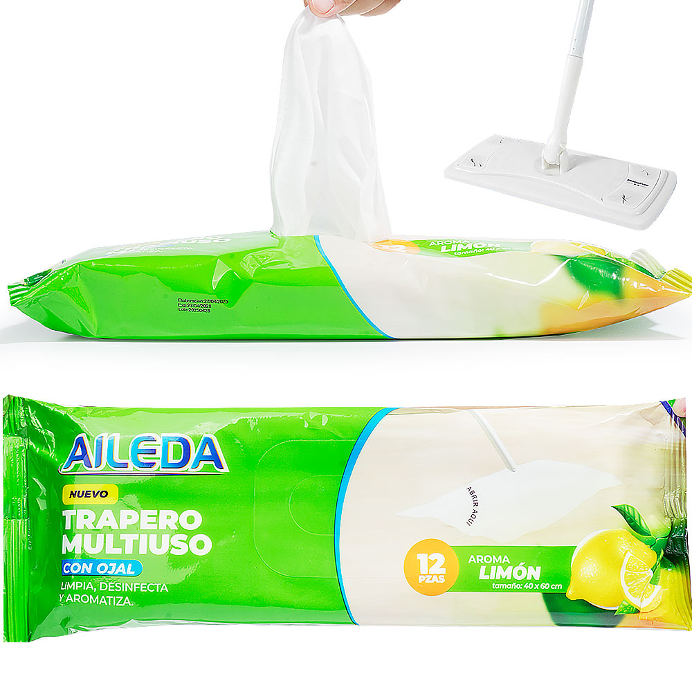 AILEDA 一次性带孔除尘湿拖布 40×60cm 静电地板湿巾 柠檬多香型免洗拖地湿巾 袋装 12 片