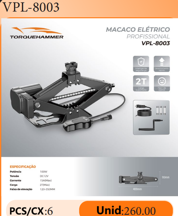 TORQUEHAMMER VPL-8003 2 吨电动千斤顶 12V 车载电动千斤顶 100W 大功率 120-350mm 升降范围 智能安全保护 快速升降 随车应急换胎工具 轿车/SUV通用