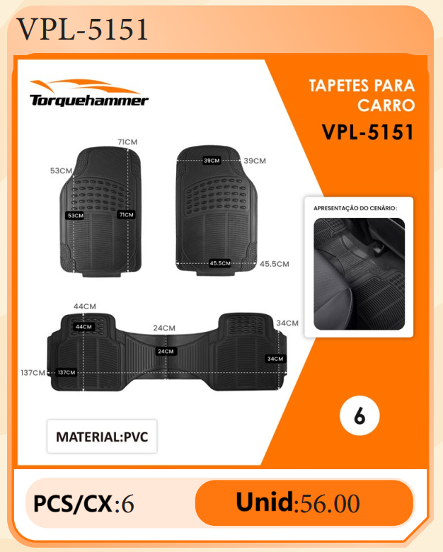 TORQUEHAMMER VPL-5151 通用型 PVC 汽车脚垫 全防水 耐磨防滑 易清洁 可裁剪 五件套 全车覆盖 黑色经典 四季通用