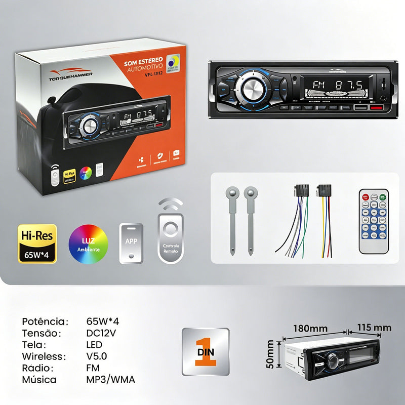 VPL-1511 车载立体声音响播放器 | 65W×4 高功率输出，蓝牙 5.0 免提通话，FM 收音，USB/AUX/TF 多音源输入，LED 显示屏，氛围灯与 APP 遥控功能