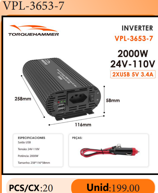 TORQUEHAMMER VPL-3653-7 2000W 超大功率车载电源逆变器 24V 转 110V 纯正弦波 双 USB 快充 3.4A 房车/卡车/工程机械/离网生活全能供电站 咖啡机/冰箱/洗衣机/搅拌机/电钻一机搞定