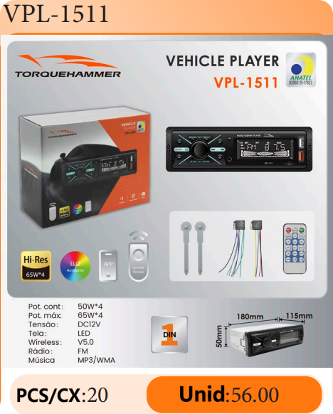 VPL-1511 车载立体声音响播放器 | 65W×4 高功率输出，蓝牙 5.0 免提通话，FM 收音，USB/AUX/TF 多音源输入，LED 显示屏，氛围灯与 APP 遥控功能