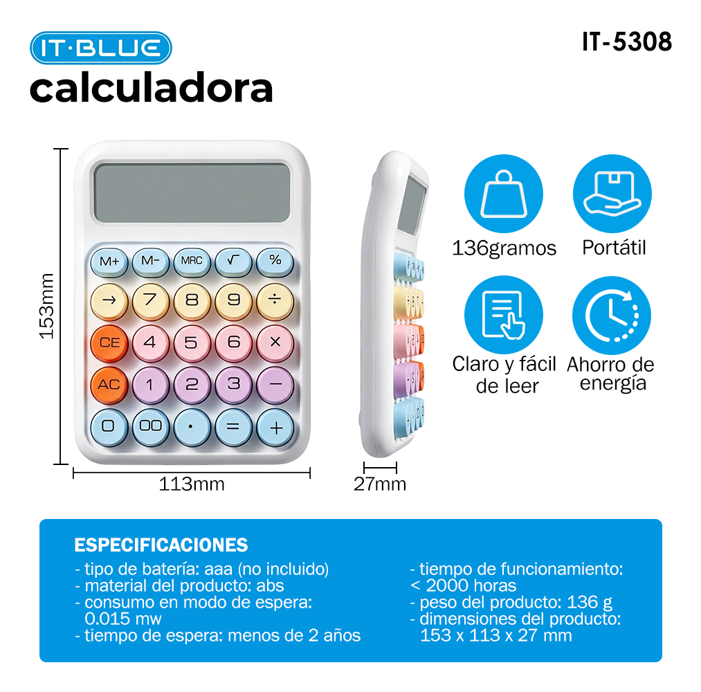 IT-BLUE 马卡龙彩虹圆键计算器 IT-5308 学生办公 12 位大屏便携机械式按键计算机