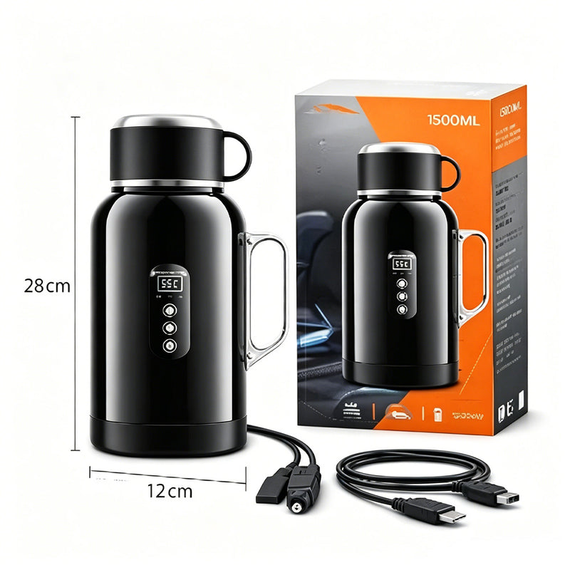 1500ML 大容量车载电热水杯 12V/24V 通用 快速加热 三层保温防烫 烧水泡茶冲咖啡 长途自驾旅行必备