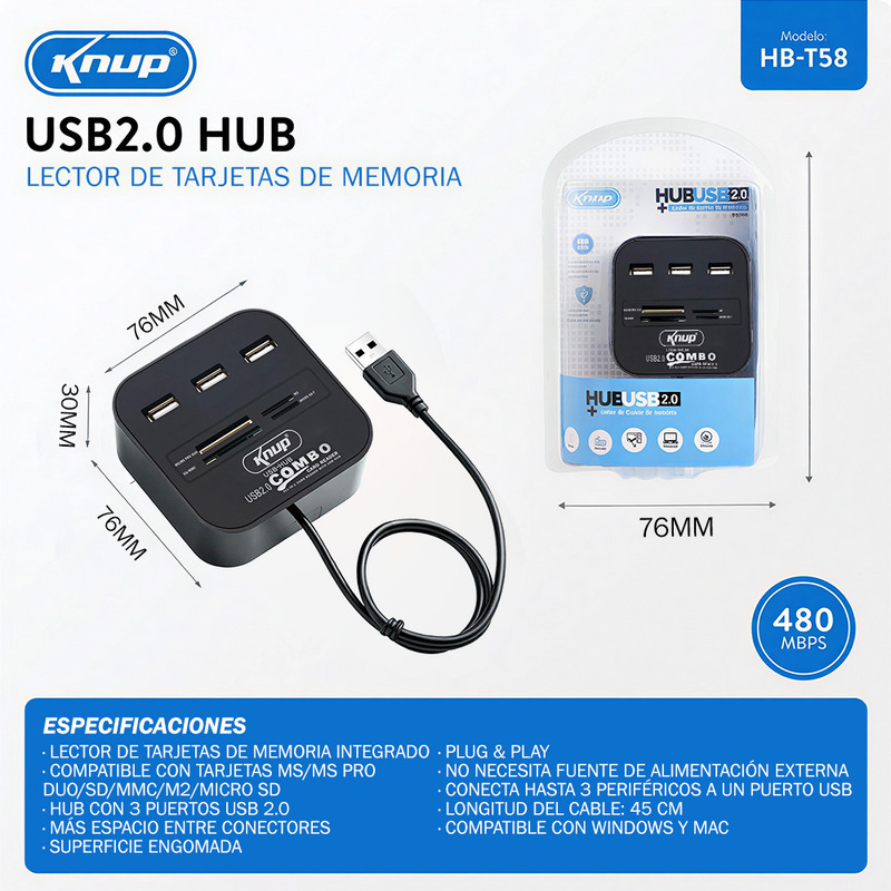KNUP HB-T58 七合一 USB2.0 拓展 HUB 3 口 USB 分线器 + 四卡槽多功能读卡器一体扩展坞