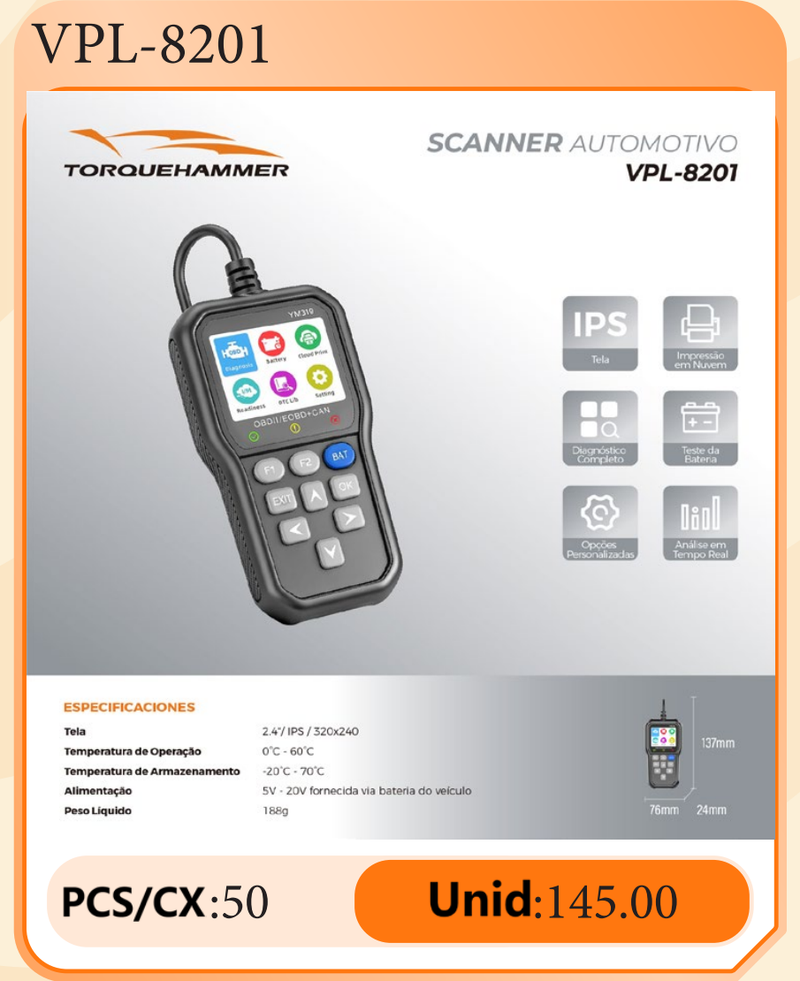 TORQUEHAMMER VPL-8201 OBD2 汽车故障诊断仪 2.4英寸 IPS 彩屏 读码清码 实时数据流 I/M 就绪检测 电池电压检测 支持 OBDII/EOBD/CAN 协议 1996 年后汽油车/柴油车通用 自助修车必备