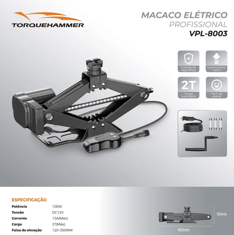 TORQUEHAMMER VPL-8003 2 吨电动千斤顶 12V 车载电动千斤顶 100W 大功率 120-350mm 升降范围 智能安全保护 快速升降 随车应急换胎工具 轿车/SUV通用