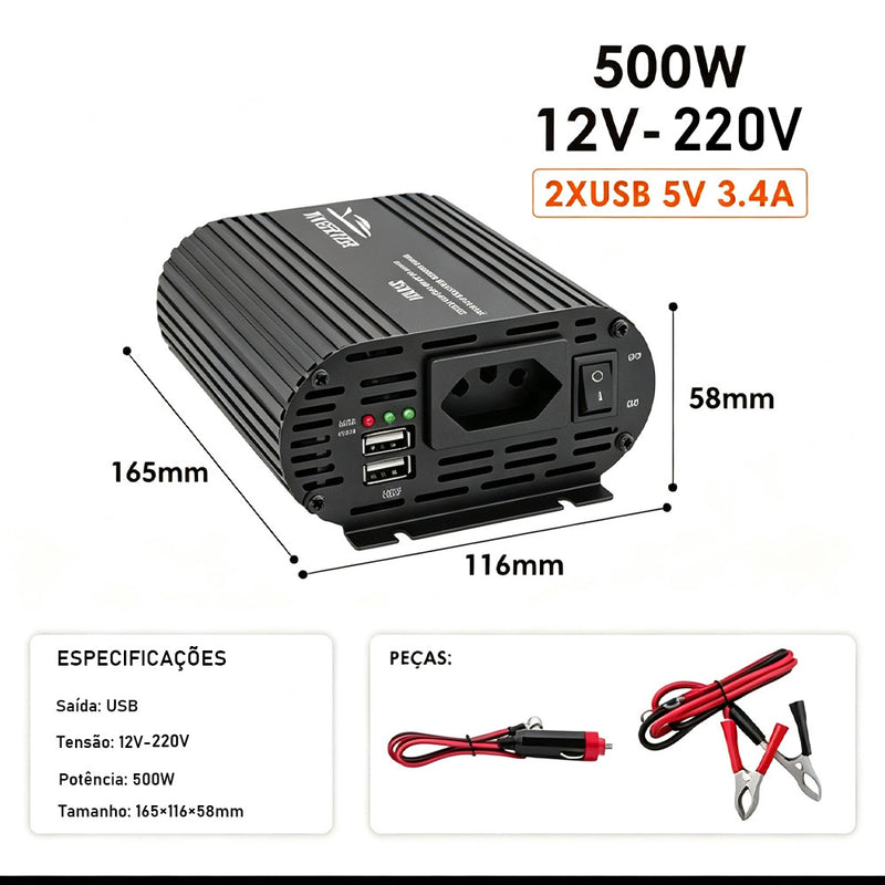 TORQUEHAMMER VPL-3653-2 500W 车载电源逆变器 12V 转 220V 纯正弦波 双 USB 快充 3.4A 大功率输出 兼容笔记本/无人机/投影仪/车载冰箱 自驾露营/移动办公/应急供电全能搭档