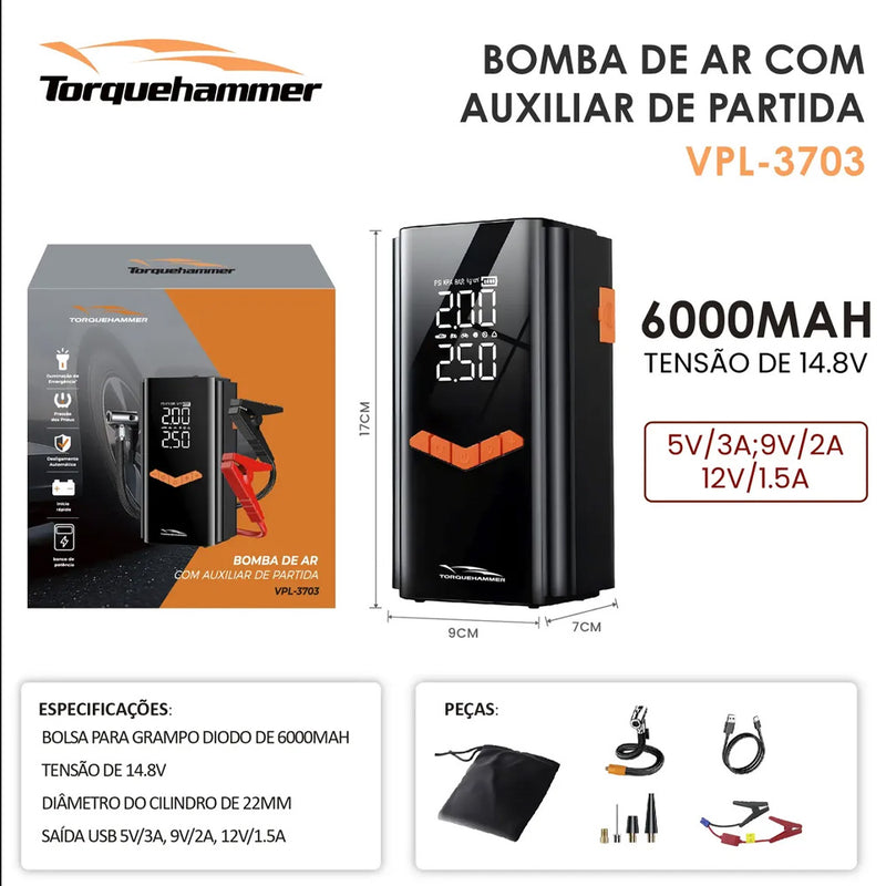 TORQUEHAMMER VPL-3703 6000mAh 汽车应急启动电源 12V 启动/充气泵二合一 零伏启动 USB 快充 3A 输出 LED 照明 四模式预设胎压 冬季夏季全场景适用