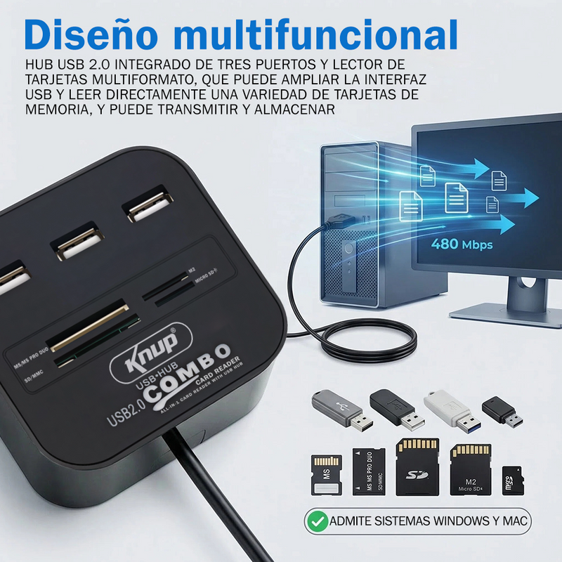 KNUP HB-T58 七合一 USB2.0 拓展 HUB 3 口 USB 分线器 + 四卡槽多功能读卡器一体扩展坞
