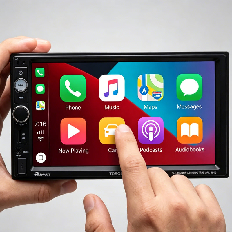 2DIN 标准车载多媒体播放器 VPL-1019 | 7 英寸 1024×600 高清触控屏，无线 CarPlay/Android Auto，蓝牙 FM，MirrorLink 手机镜像，ANATEL 认证