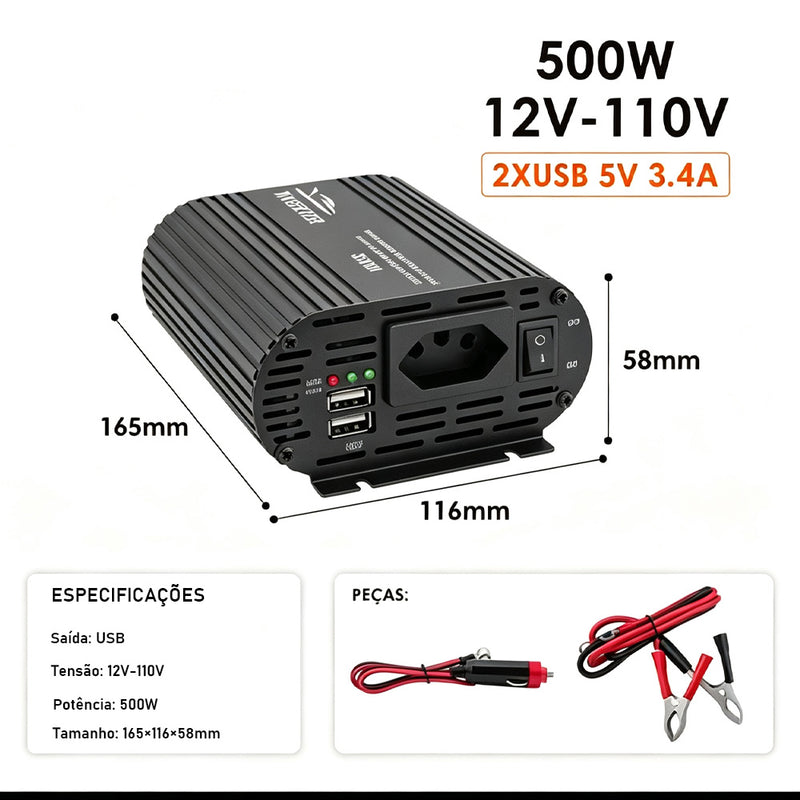 TORQUEHAMMER VPL-3653-1 500W 车载电源逆变器 12V 转 110V 纯正弦波 双 USB 快充 3.4A 大功率输出 兼容笔记本/无人机/投影仪/车载冰箱 自驾露营/移动办公/应急供电全能搭档