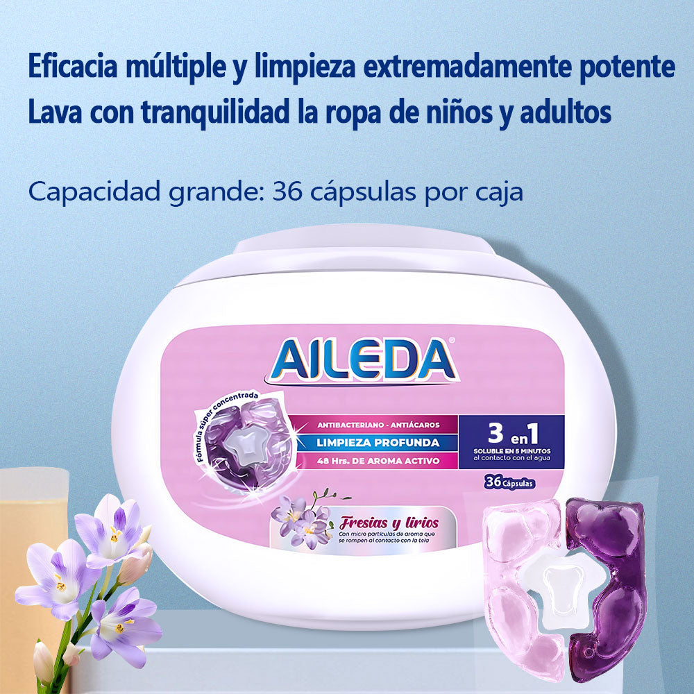 AILEDA 三腔双色香氛洗衣凝珠 百合小苍兰 3 合 1 除菌除螨留香洗衣珠 盒装 36 颗