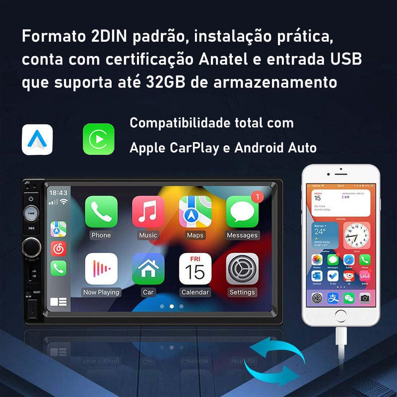 2DIN 标准车载多媒体播放器 VPL-1019 | 7 英寸 1024×600 高清触控屏，无线 CarPlay/Android Auto，蓝牙 FM，MirrorLink 手机镜像，ANATEL 认证