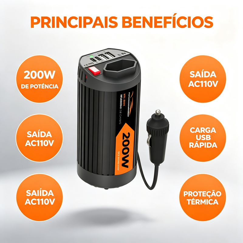 200W 车载逆变器 12V 转 110V 点烟器便携电源转换器 快充 USB-A/Type-C 汽车电源适配器