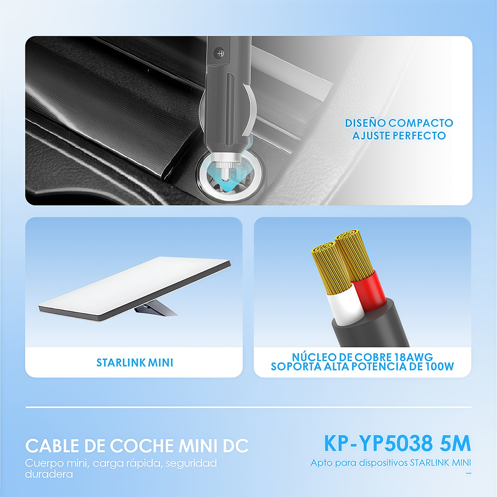 KNUP KP-YP5038 车载点烟器 DC 电源线 5 米加长 Starlink Mini 专用车载直流供电线