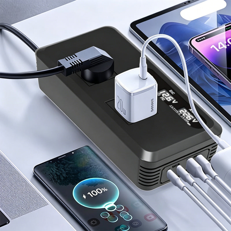 TORQUEHAMMER VPL-3601 200W 车载逆变器 12V 转 110V 纯正弦波 双 USB + 双 Type-C 快充 实时屏显 11 重安全保护 小巧便携 笔记本/CPAP/无人机/相机/露营供电全能搭档