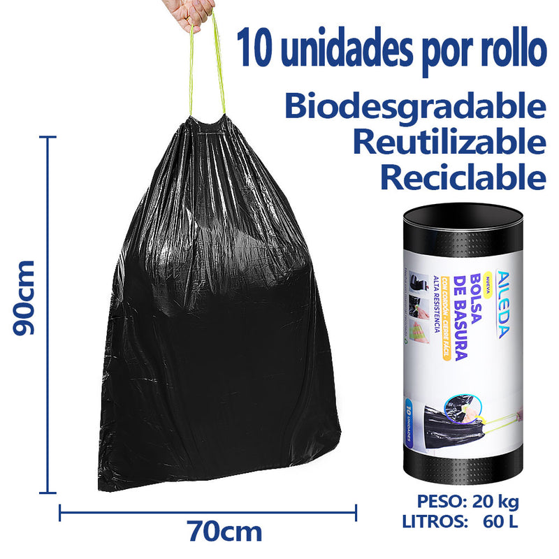 AILEDA 大号抽绳收口黑色垃圾袋 70×90cm 商用家用加厚防漏手提式 PE 塑料袋 单卷 10 只