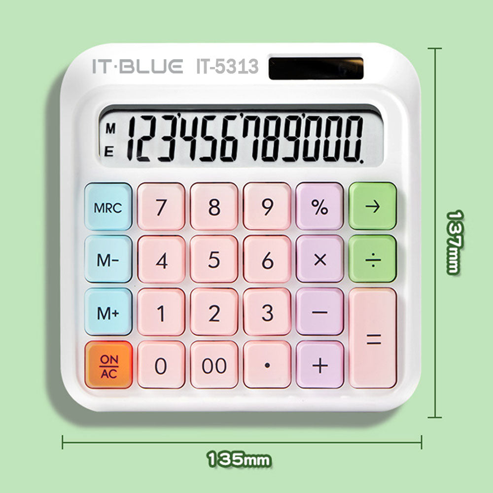 IT-BLUE IT-5313 马卡龙拼色太阳能计算器 12 位大屏办公财务计算器 学生便携双电源计算机