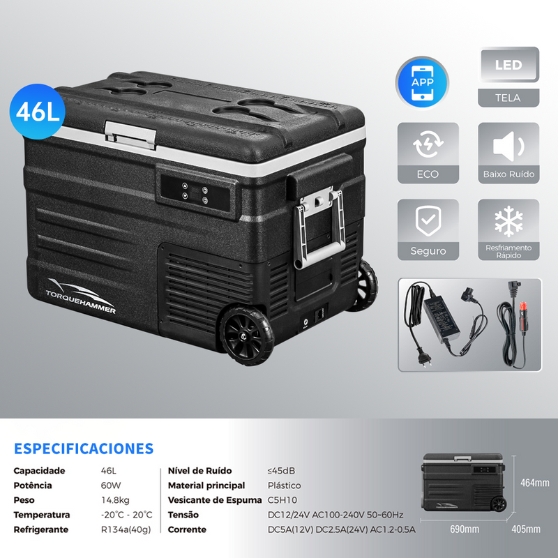 TORQUEHAMMER ZCAMP 46L 车载压缩机冰箱 -20℃~20℃ 手机APP智能控制 ECO/MAX双模式 15分钟急速制冷 可折叠手柄+滑轮 低噪音 车家两用 自驾露营钓鱼房车全场景适用
