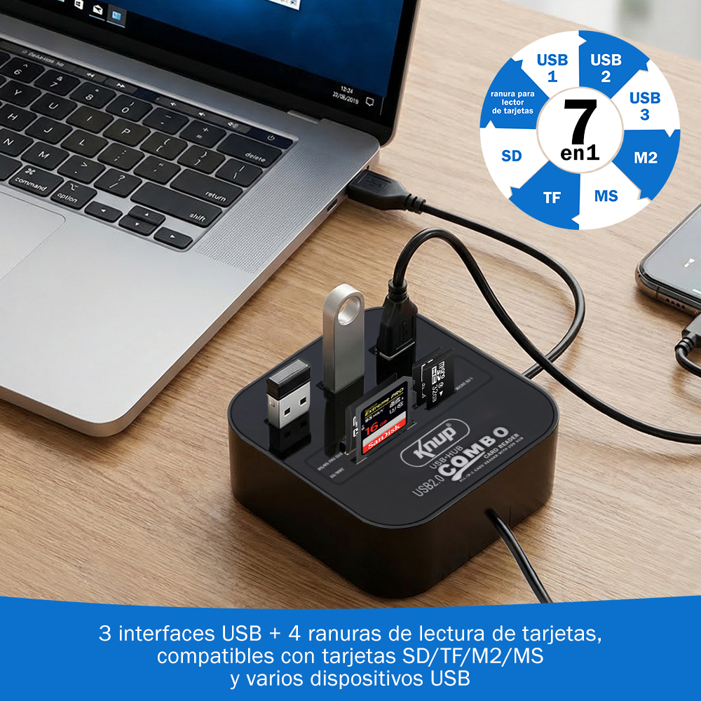 KNUP HB-T58 七合一 USB2.0 拓展 HUB 3 口 USB 分线器 + 四卡槽多功能读卡器一体扩展坞