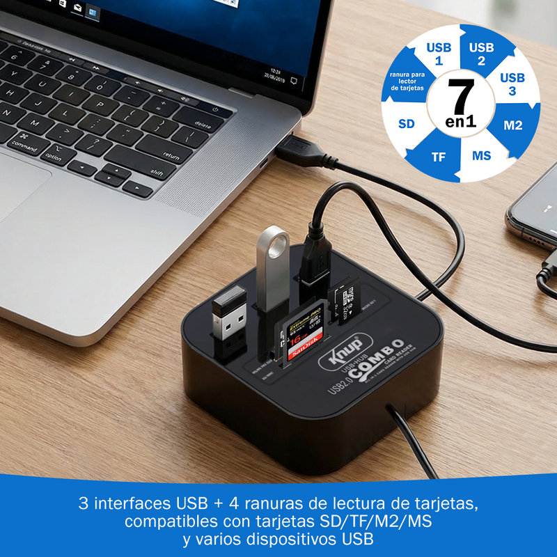 KNUP HB-T58 七合一 USB2.0 拓展 HUB 3 口 USB 分线器 + 四卡槽多功能读卡器一体扩展坞