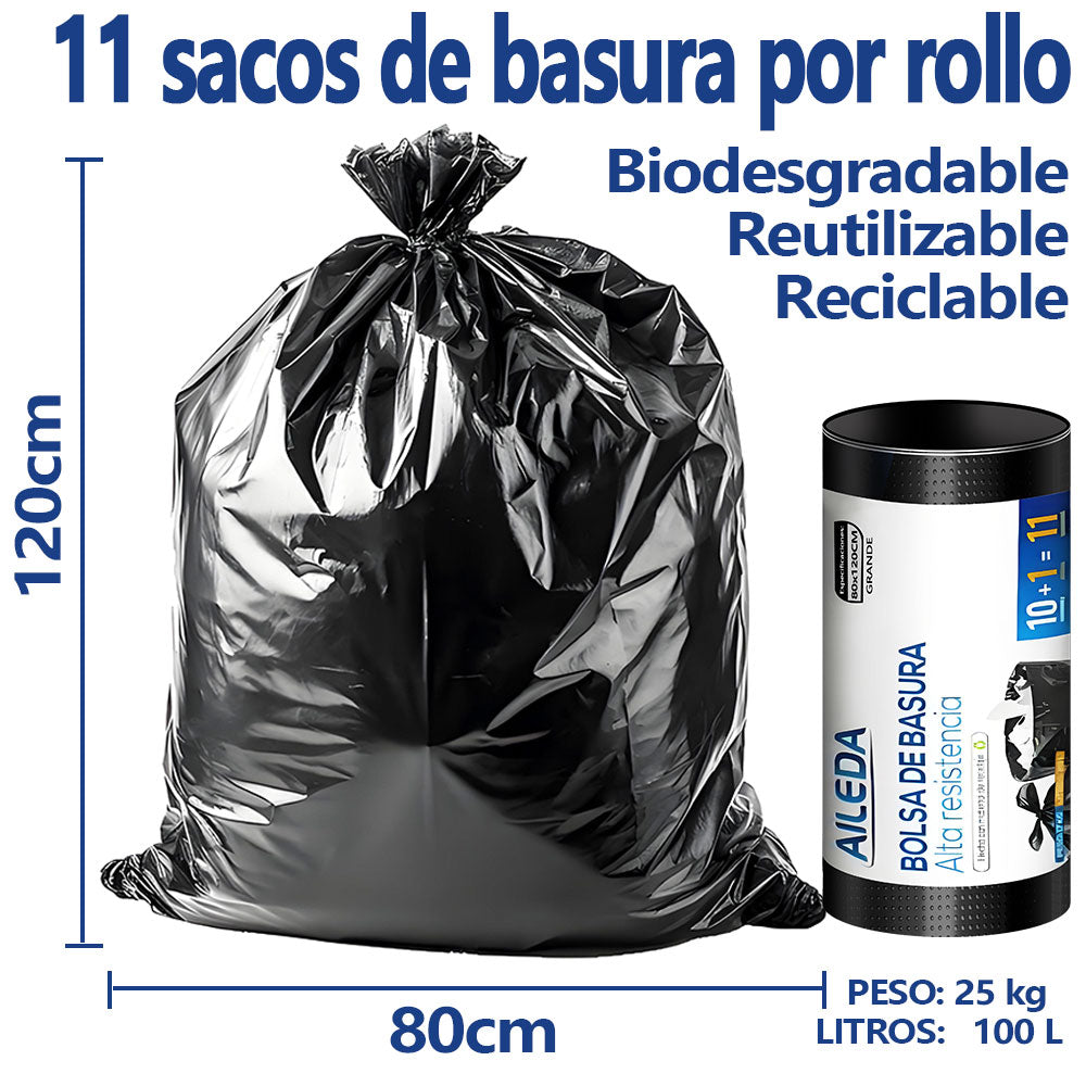 AILEDA 特大号平口加厚黑色垃圾袋 80×120cm 商用物业环卫 100L 大容量 PE 平口袋 单卷 10只