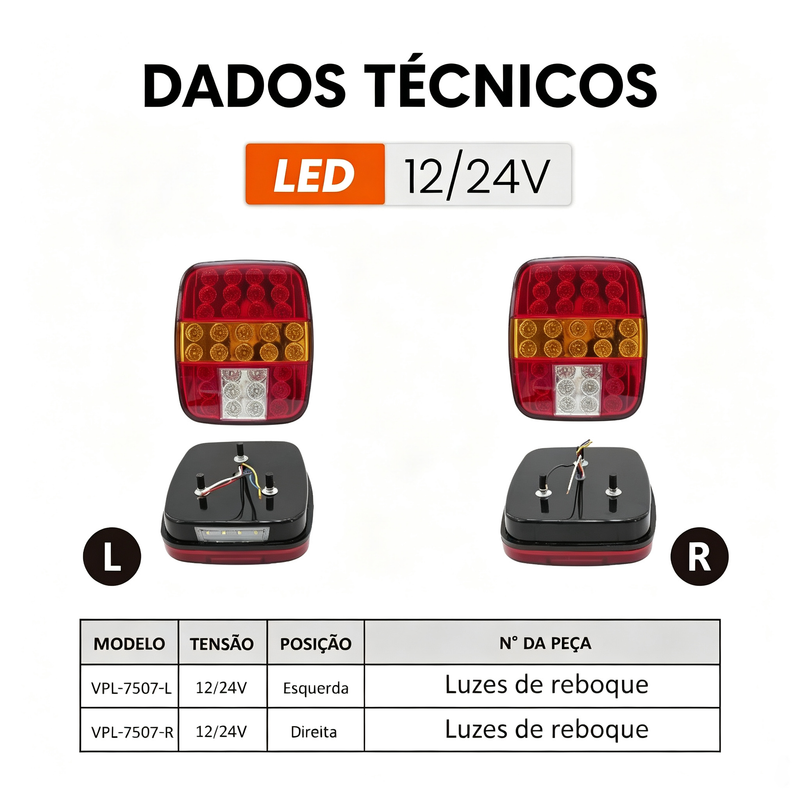 TORQUEHAMMER VPL-7507 大众卡车/通用货车 LED 尾灯总成 左右分体设计 12/24V 通用 四合一照明（刹车/位置/转向/倒车） IP65 防水抗振 即插即用 Marmitão 风格 190×155mm