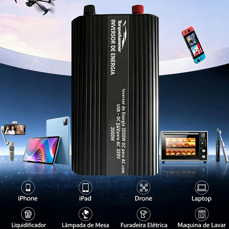 TORQUEHAMMER VPL-3653-8 2000W 超大功率车载电源逆变器 24V 转 220V 纯正弦波 双 USB 快充 3.4A 房车/卡车/工程机械/离网生活全能供电站 咖啡机/冰箱/洗衣机/搅拌机/电钻一机搞定