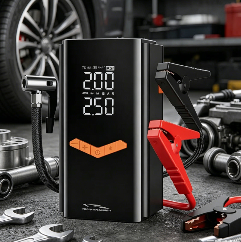 TORQUEHAMMER VPL-3703 6000mAh 汽车应急启动电源 12V 启动/充气泵二合一 零伏启动 USB 快充 3A 输出 LED 照明 四模式预设胎压 冬季夏季全场景适用