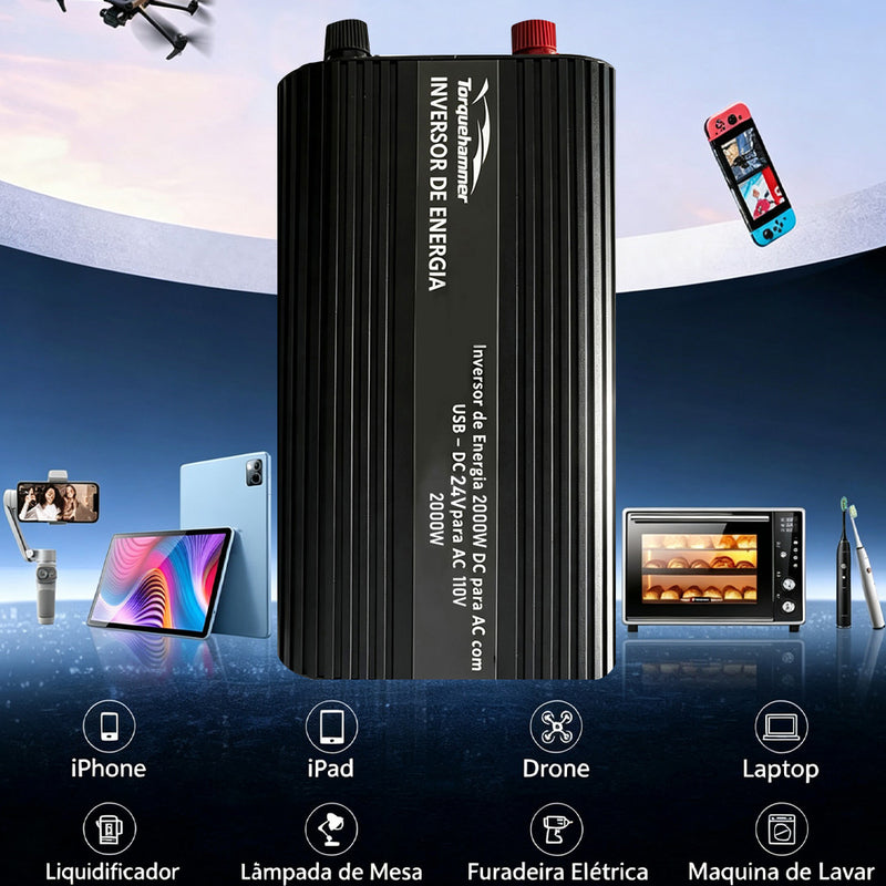 TORQUEHAMMER VPL-3653-7 2000W 超大功率车载电源逆变器 24V 转 110V 纯正弦波 双 USB 快充 3.4A 房车/卡车/工程机械/离网生活全能供电站 咖啡机/冰箱/洗衣机/搅拌机/电钻一机搞定