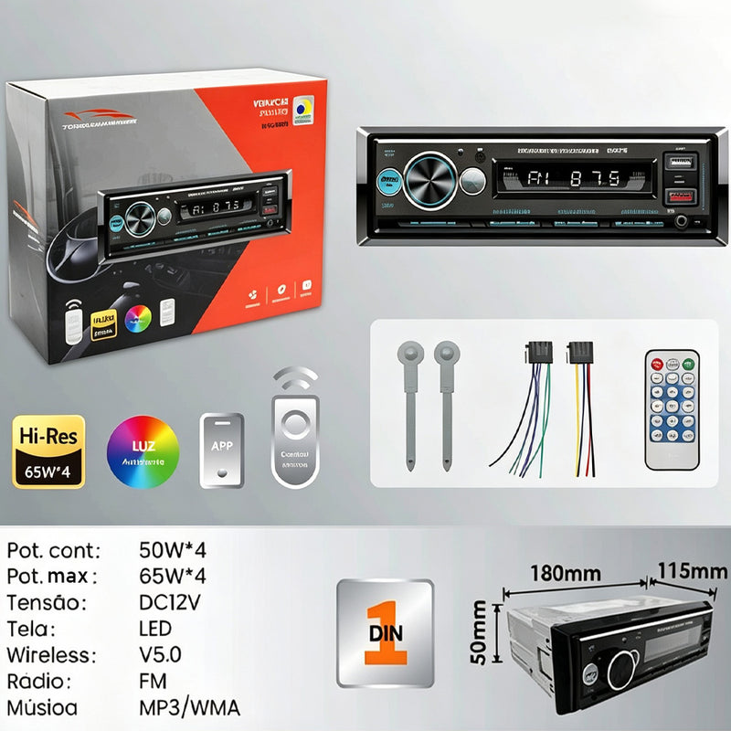 VPL-1501 车载多媒体播放器 | 50W×4 大功率输出，蓝牙 5.0 免提通话，FM 收音，USB/AUX/TF 多音源输入，LED 显示屏，ANATEL 认证