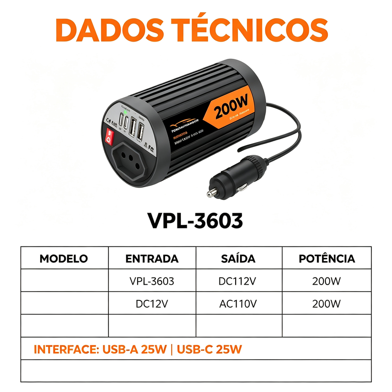 200W 车载逆变器 12V 转 110V 点烟器便携电源转换器 快充 USB-A/Type-C 汽车电源适配器