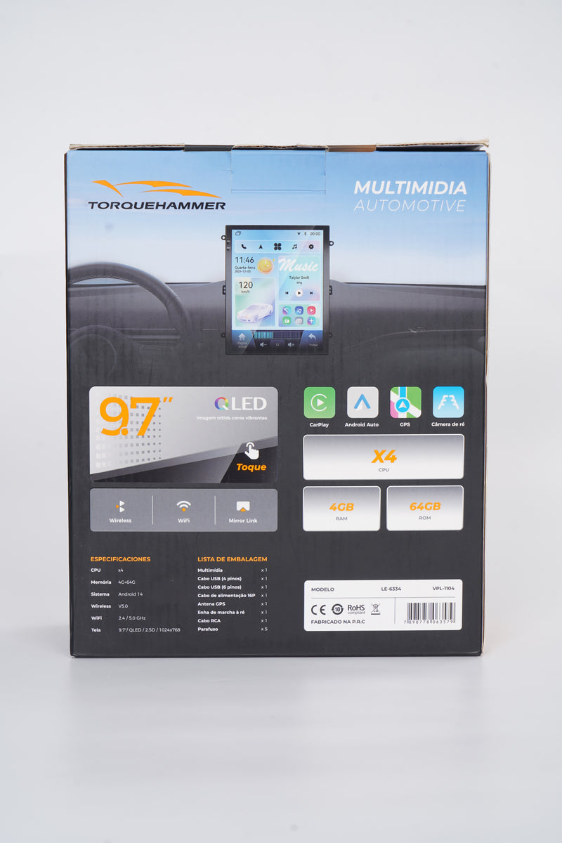 9.7 英寸 QLED 2.5D 车载多媒体导航一体机 VPL-1104 | 4 核 4G+64G，Android 14，无线 CarPlay/Android Auto，GPS 导航，5G WiFi 蓝牙 5.0，MirrorLink 手机镜像，AHD 倒车影像，DVR 行车记录，ANATEL 认证