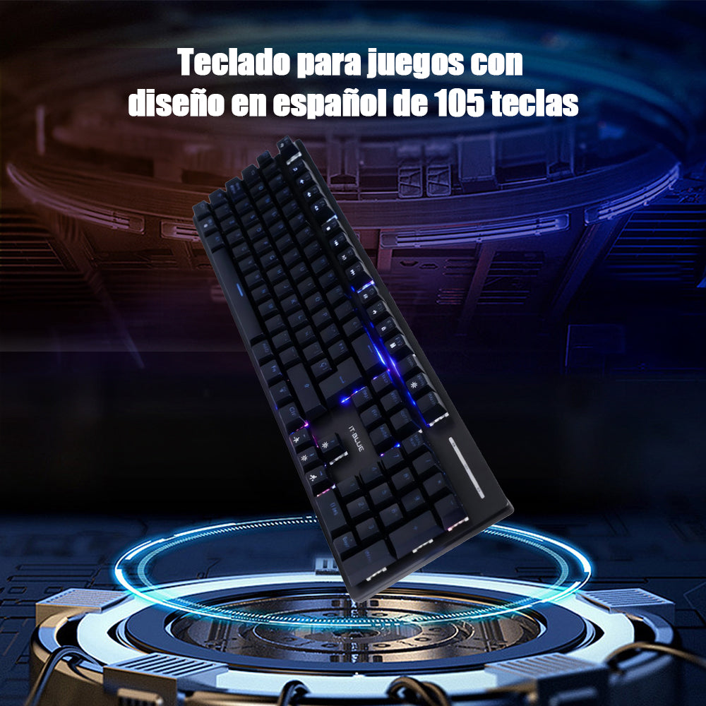 IT-BLUE 西班牙语 105 键有线机械键盘 青轴 RGB 背光电竞游戏键盘 台式笔记本通用办公机械键盘