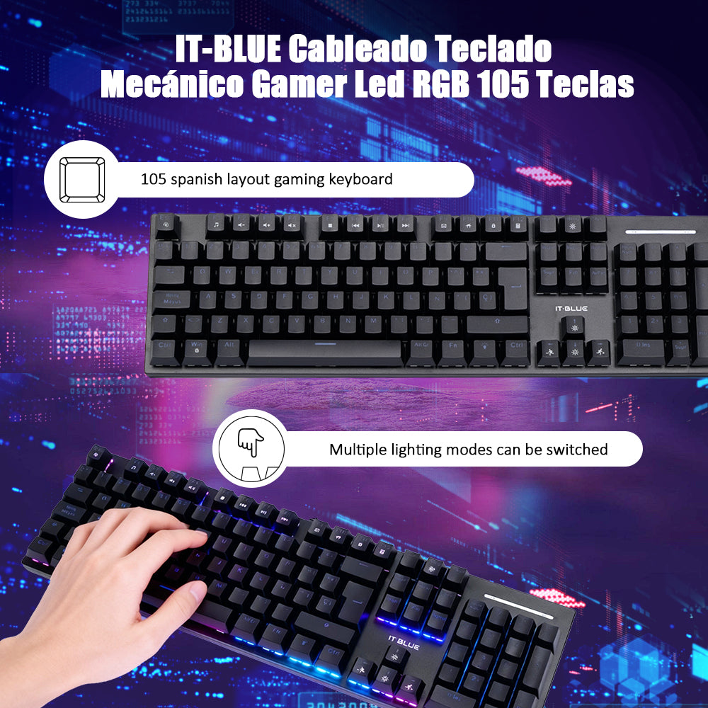 IT-BLUE 西班牙语 105 键有线机械键盘 青轴 RGB 背光电竞游戏键盘 台式笔记本通用办公机械键盘