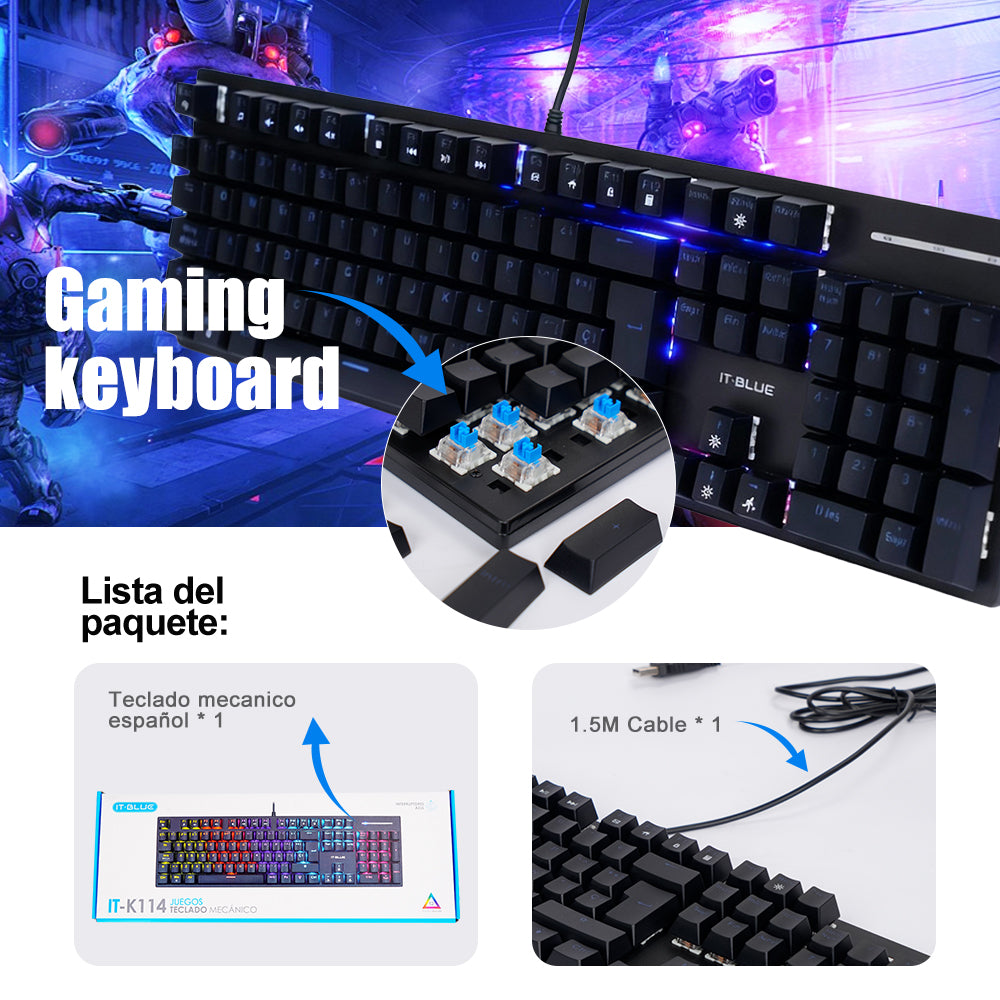IT-BLUE 西班牙语 105 键有线机械键盘 青轴 RGB 背光电竞游戏键盘 台式笔记本通用办公机械键盘