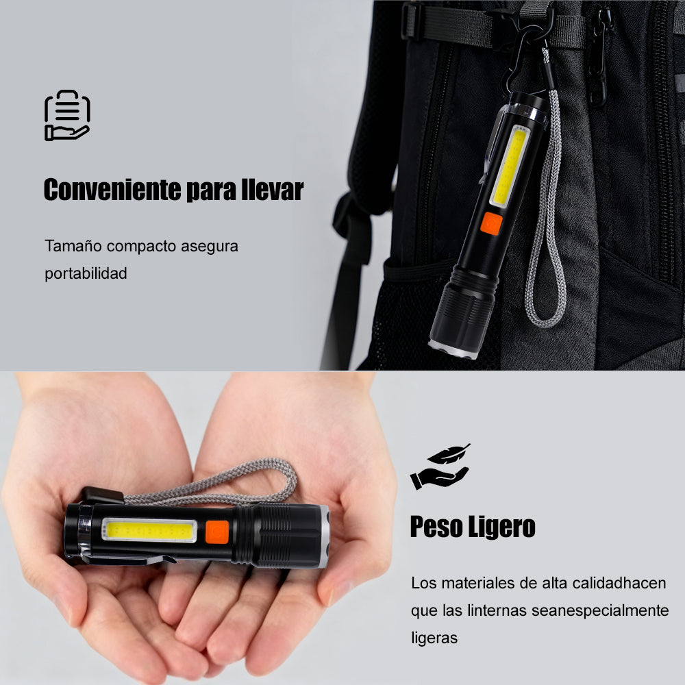 LELONG 伸缩变焦双光源迷你强光手电 侧边 COB 泛光 USB 充电便携防水小手电筒