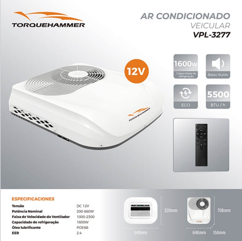 TORQUEHAMMER VPL-3277 12V 车载驻车空调 5500BTU 制冷 变频涡旋压缩机 低矮流线型设计 多重抗震结构 兼容590×320mm/590×340mm开孔 卡车/房车/工程机械/巴士等车型通用 驻车休息省油之选