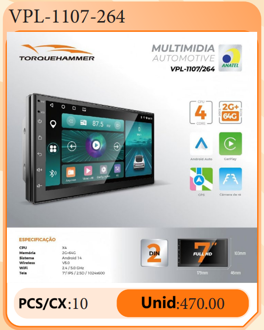 7 英寸 IPS 2.5D 车载多媒体导航一体机 VPL-1107/264 | 4 核 2G+64G，Android 14，无线 CarPlay/Android Auto，GPS 导航，5G WiFi 蓝牙 5.0，DSP 数字音效，ANATEL 认证